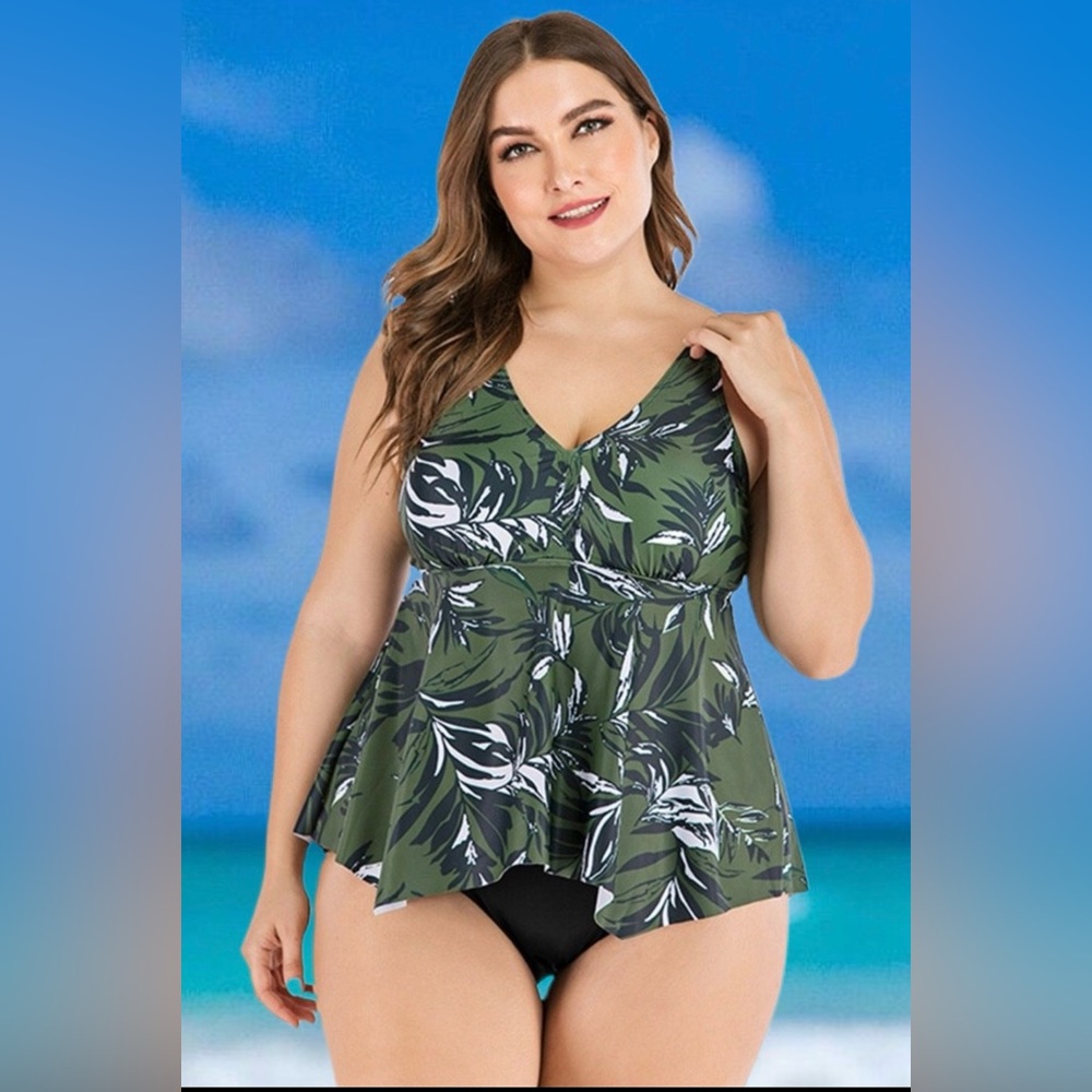 Women’s Olive Green Leaf Print V-Neck Two piece Swimsuit in Sizes 3XL, 4XL